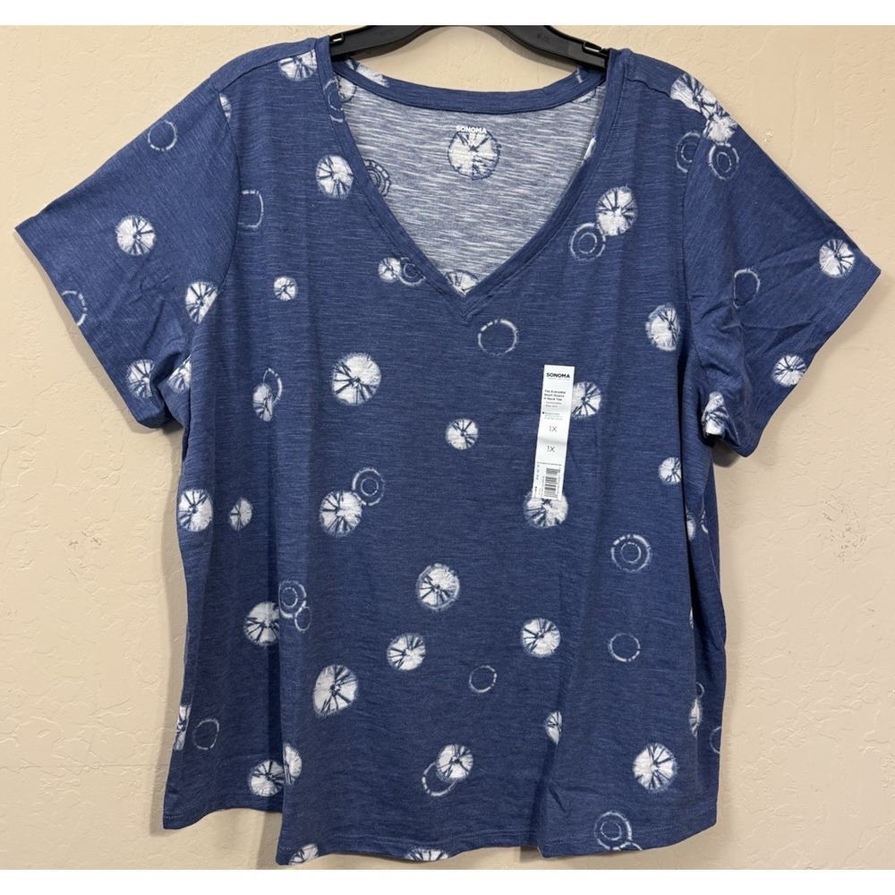 Sonoma Everyday Tee Vneck Short Sleeve Blue Dot TyeDye‎ Shirt Top Women 1X NEW